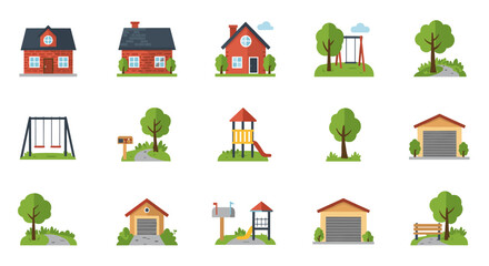 Naklejka premium Charming neighborhood scene with houses, playgrounds, trees, and mailboxes in flat design