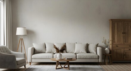 Cozy neutral living room interior with a textured wall, classic sofa, and ample blank space for copy or artwork.