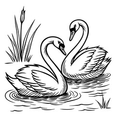 Simple vector illustration of two white swans in love vector illustration of coloring page black and white
