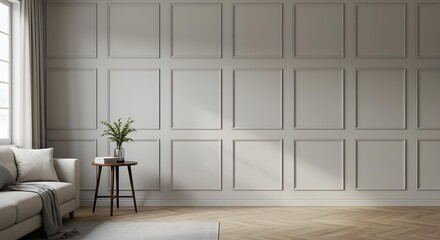 Elegant interior room with wainscoting paneling wall and blank square frames for artwork or design mockups.