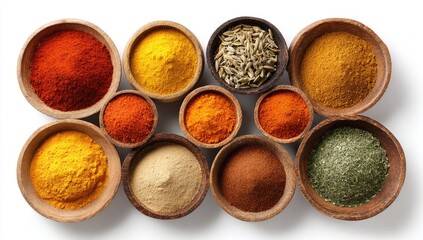 Aromatic spices in wooden bowls