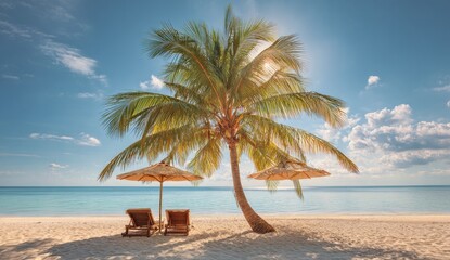 Tropical beach scene with palm tree and beach chairs (1)