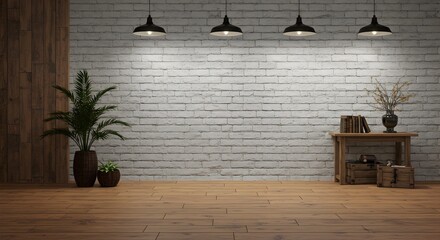 Modern industrial room with white brick wall, wooden accents, and a large blank wall area for creative projects.