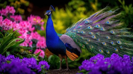 Obraz premium Vibrant peacock displaying its colorful feathers amidst a garden of blooming flowers in springtime