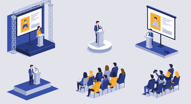 Isometric business conference presentation with audience and speakers