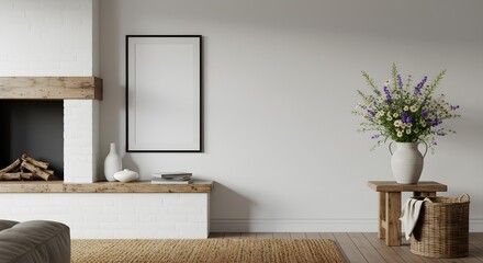 Modern minimalist living room with a cozy fireplace, flowers on a side table, and a blank vertical framed poster mockup.
