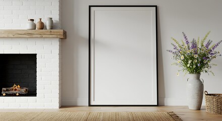 Minimalist living room interior with a modern fireplace, vibrant flowers, and a large blank vertical framed poster mockup.