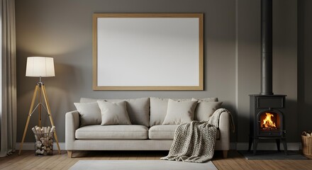 Warm and cozy living room with a lit wood burning stove, comfortable sofa, and a blank horizontal framed poster mockup.
