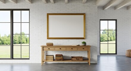 Bright industrial style room with a white brick wall, large windows, and a blank horizontal gold framed poster mockup.