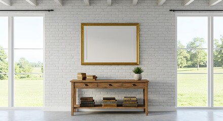 Sunny industrial style room with white brick wall, expansive windows, and a blank horizontal gold framed poster mockup.