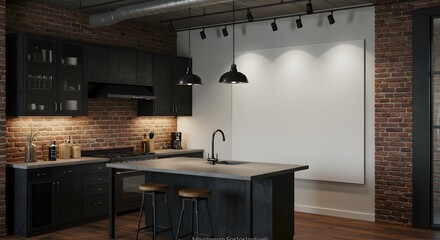 Dark industrial style kitchen with exposed brick wall, black cabinets, and a blank screen mockup behind the island.