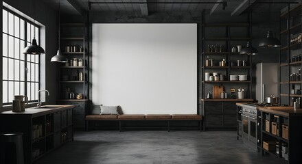 Spacious dark industrial kitchen with concrete walls, open shelving, and a large blank screen mockup.