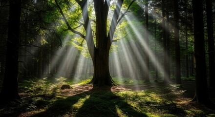 Obraz premium Sunbeams Through Majestic Ancient Tree in Lush Green Forest