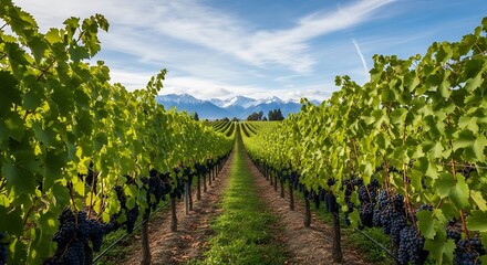 Lush vineyard rows stretch towards distant mountains under a blue sky, showcasing the beauty of viticulture and the promise of fine wine production