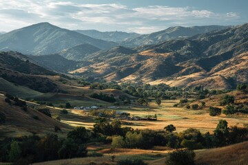 Naklejka premium Mountain valley vista at golden hour