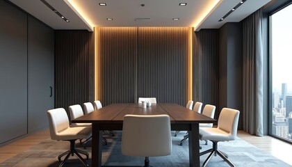 Modern minimalist meeting room interior featuring dark wooden table surrounded by white chairs. Vertical wood paneling wall with warm, integrated lighting. Large window offers city views. Pro