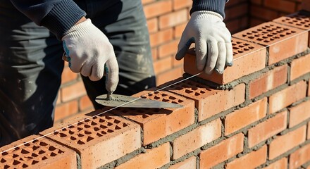 Closeup of a bricklayers hands laying bricks to build a wall, using a trowel and string to ensure the bricks are level and aligned correctly