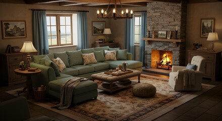 Rustic Country Living Room with Green Sectional Sofa and Stone Fireplace