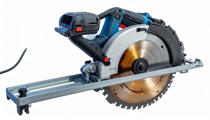 Professional electric saw with sharp blade durable construction power tool isolated on white background
