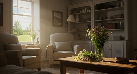 Bright Minimalist Living Room with White Armchairs, Wildflowers, and Countryside View