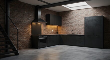 Dark Industrial Loft Kitchen with Exposed Brick Walls and Black Cabinets at Night