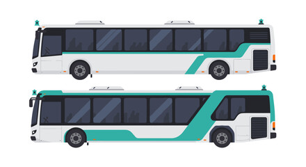 Modern city bus design with two side views featuring green and white color scheme