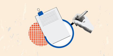 Hand holding pen examining document under magnifying glass with abstract geometric shapes background