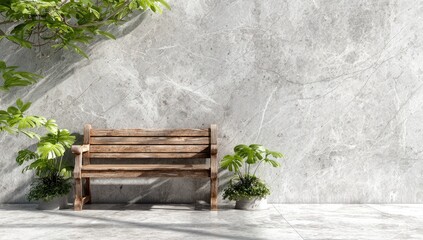Wooden bench, gray stone wall, and tropical plants