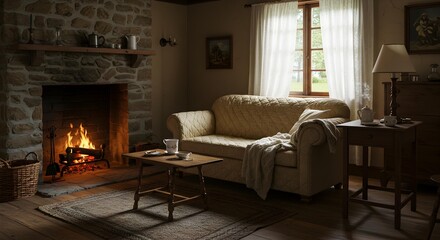 Cozy Country Living Room with Lit Fireplace and Comfortable Sofa