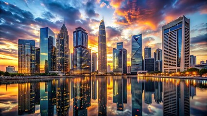 New York City skyline with skyscrapers at sunset and night reflecting on the river