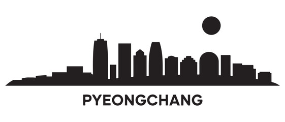 Obraz premium Pyeongchang skyline silhouette. Black Pyeongchang city design. Vector black silhouette. with white background