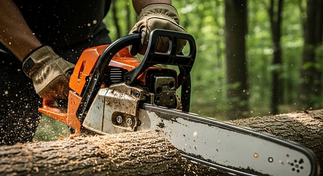A person is cutting a log with a chainsaw in the forest, wearing gloves and safety gear, with sawdust flying and trees in the background