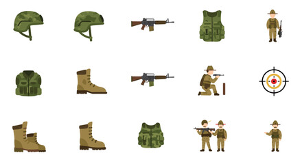 Military equipment and soldiers icon set with camouflage helmets, rifles, and tactical gear
