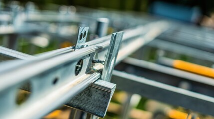 Medium shot of assembled greenhouse frame components in sharp detail with the background softly blurred illustrating wholesale availability of structural parts for customized