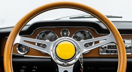 Obraz premium Close up of a vintage wooden steering wheel inside a classic car interior