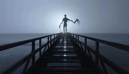 Obraz premium Eerie Silhouette on Pier Mysterious Figure in Foggy Atmospheric Scene.