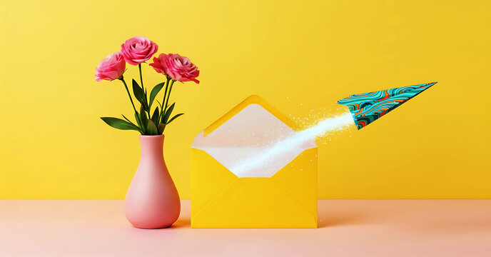 Yellow Envelope with Paper Airplane and Pink Roses Vase flying message