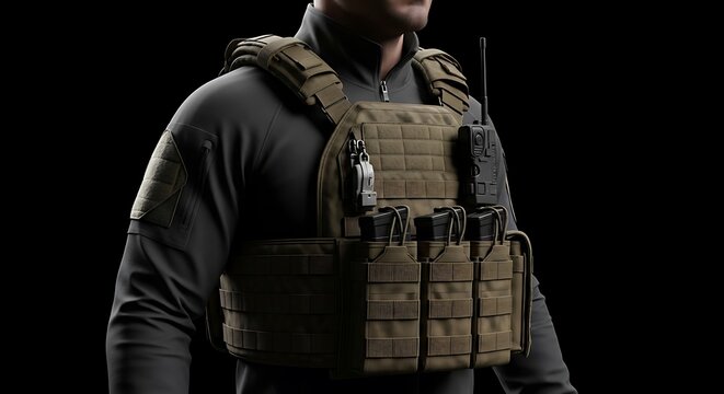 Closeup of a tactical vest with molle system, showcasing military gear, equipment, and protection for law enforcement and security personnel in action