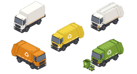 Colorful isometric city garbage trucks set for waste management and recycling