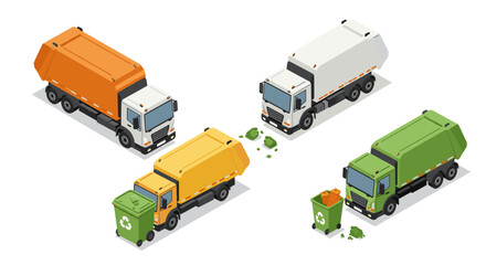 Isometric garbage trucks with recycling bins in various colors and styles