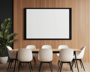 Contemporary meeting room with minimal chairs and large digital screen