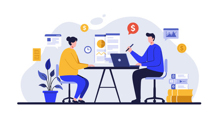 Collaborative office meeting with data presentation in modern flat design