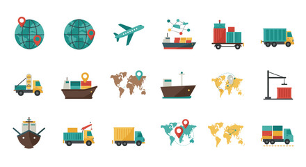 Fototapeta premium Global shipping icons set: flat logistics and transportation symbols