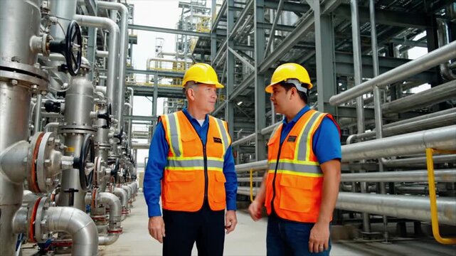 Experienced engineers collaborate on industrial plant operations, ensuring safety and efficiency in complex machinery.