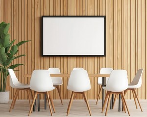 Contemporary meeting room with minimal chairs and large digital screen