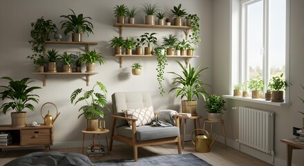 Botanical Living Room Interior with Abundant Houseplants and Cozy Armchair