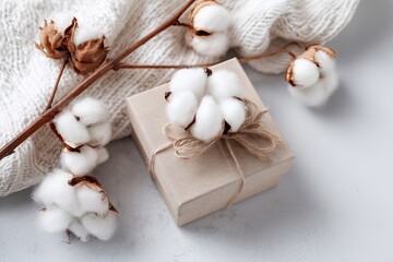 Fototapeta premium A gift box adorned with cotton bolls rests upon a light gray surface, with a soft white knitted fabric in the background