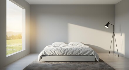 Ultra-Minimalist Bedroom with Low White Bed, Floor Lamp, and Sunny Window View