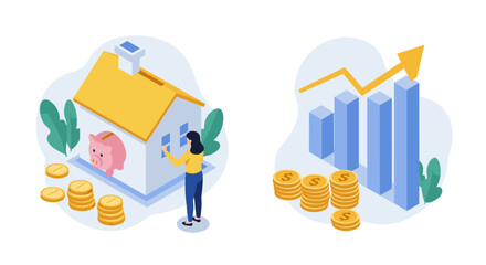 Financial growth and savings concept with piggy bank and graphs