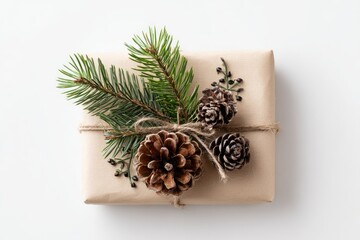 Gift wrapped in kraft paper, adorned with pine boughs, pine cones, and twine